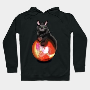 Black fluffy cat on a red glow crystal ball Hoodie